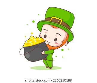 Cute Adorable Leprechaun cartoon holding a pot of gold. Hand drawn chibi character. Happy Saint Patrick's Day concept design. Isolated White background. Vector art illustration.