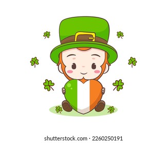 Cute Adorable Leprechaun cartoon holding Ireland love heart. Hand drawn chibi character. Happy Saint Patrick's Day concept design. Isolated White background. Vector art illustration.