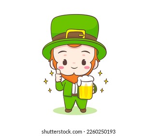 Cute Adorable Leprechaun cartoon holding beer and showing thumb up. Hand drawn chibi character. Happy Saint Patrick's Day concept design. Isolated White background. Vector art illustration.