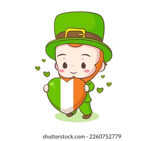 Cute Adorable Leprechaun cartoon with Ireland love. Hand drawn chibi character. Happy Saint Patrick's Day concept design. Isolated White background. Vector art illustration.