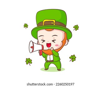 Cute Adorable Leprechaun cartoon with megaphone. Hand drawn chibi character. Happy Saint Patrick's Day concept design. Isolated White background. Vector art illustration.