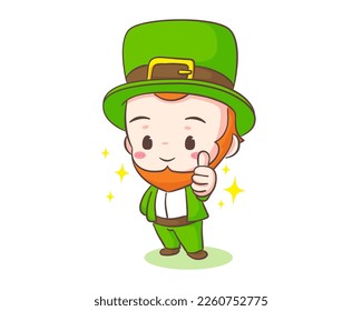 Cute Adorable Leprechaun cartoon showing thumb up. Hand drawn chibi character. Happy Saint Patrick's Day concept design. Isolated White background. Vector art illustration.