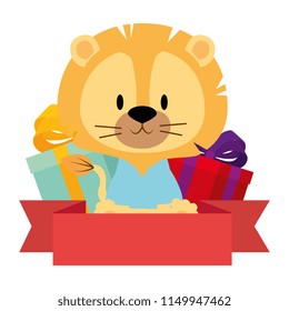 cute and adorable lion with gifts