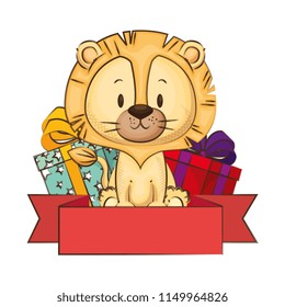 cute and adorable lion with gifts