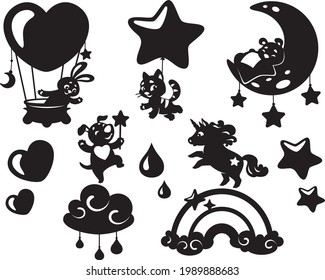Cute adorable little animals silhouette set. Good for t-shirts, wall stickers, cutting.
