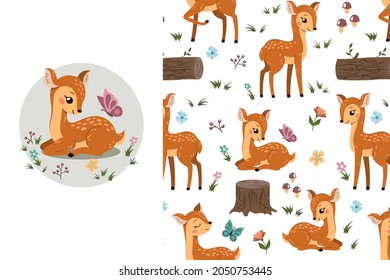 Cute adorable little baby deer depicted in different poses. Fawn sitting on grass and playing with butterfly. Kids card template or seamless background pattern. Hand drawn cartoon vector illustration