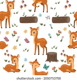 Cute adorable little baby deer sitting on the grass in the forest and playing with butterfly. Seamless background pattern set. Hand drawn flat cartoon surface design vector illustration