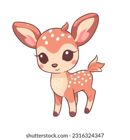 Cute adorable cute little baby deer character with big eyes Fawn sticker isolated on white background. Hand drawn cartoon vector illustration fairy animal kawaii