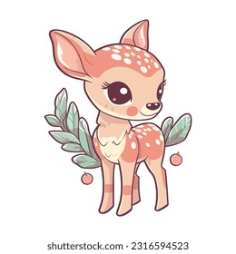 Cute adorable cute little baby deer character with big eyes Fawn sticker isolated on white background. Hand drawn cartoon vector illustration fairy animal kawaii