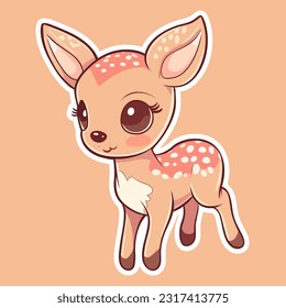 Cute adorable cute little baby deer character with big eyes Fawn sticker isolated on white background. Hand drawn cartoon vector sticker illustration fairy animal kawaii new year
