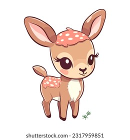 Cute adorable cute little baby deer character with big eyes Fawn sticker isolated on white background. Hand drawn cartoon vector illustration fairy animal kawaii chibi new year