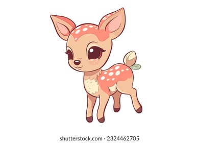 Cute adorable cute little baby deer character with big eyes Fawn sticker isolated on white background. Hand drawn cartoon vector illustration fairy animal kawaii chibi new year