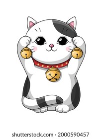 Pequeña y adorable caricatura en blanco y negro, gatito afortunado japonés o gato jugando con las campanas de bronce en sus garras con un collar y una campana rojos, ilustración del vector de caricatura aislada en el fondo blanco