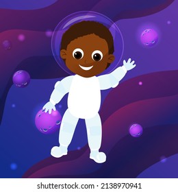A cute and adorable little boy dressed as an astronaut flies in space. The mood of joy, fun, childhood and dreams.  Space and planets in cartoon style.