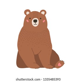 Cute adorable little brown bear. Funny lovely forest carnivorous animals isolated on white background. Amusing spring character. Bright colored childish vector illustration in flat cartoon style.