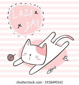 Cute adorable little cat kitten sleeping lazy day cartoon doodle flat design card striped background wallpaper, can use for nursery or print on product