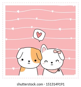 Cute adorable little dog lover couple on pink background with little heart hanging on line square frame, can use for invitation card, nursery or print on product, vector eps10