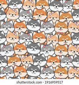 Pequeño y adorable perro japonés shiba u dibujo animado doodle plano diseño de fondo sin fisuras de patrón papel tapiz, puede utilizarse para guardería o imprimir en el producto