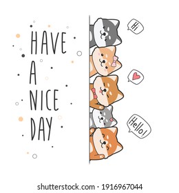 Cute adorable little japanese dog shiba inu greeting cartoon doodle flat design card background wallpaper, can use for nursery or print or print on product