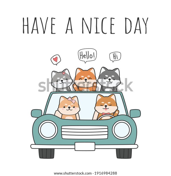 Cute adorable little\
japanese dog shiba inu driving a car and his friends cartoon doodle\
flat design card background wallpaper, can use for nursery or print\
on product