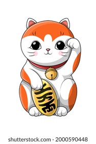 Pequeño y adorable gatito suertudo japonés con grandes ojos conmovedores sentado saludando al espectador sosteniendo la moneda de coban con el significado kanji riqueza, ilustración vectorial de caricatura plana aislada en fondo blanco