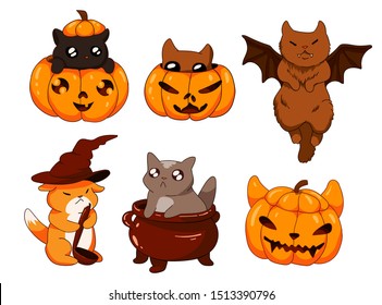 cute adorable little kittens in carved pumpkin, in witch pot, cat with bat wings sticker halloween collection set, kitty with little ears,  paws and tails and big eyes