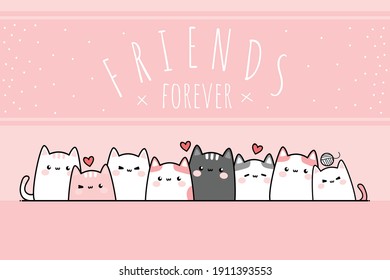 Cute adorable little kitty cat family greeting cartoon doodle card background wallpaper
