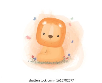 Cute adorable little lion sitting on grass with butterflies cartoon doodle pastel background wallpaper. can use for nursery or print on product. vector eps10