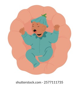 Cute adorable little newborn baby crying with tears on face feeling unhappy, sad, hungry or sleepy vector illustration. Small infant kid showcasing anxiety expression due to lack of parent attention