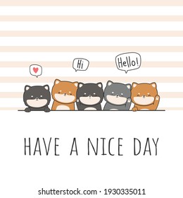 Cute adorable little shiba inu japanese dog greeting cartoon doodle card with pastel brown striped background wallpaper ,can use for nursery or print on product