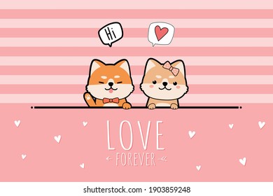 Cute adorable little shiba puppy dog lover couple. Greeting cartoon doodle for valentine card on pink background, can use for nursery or print on product