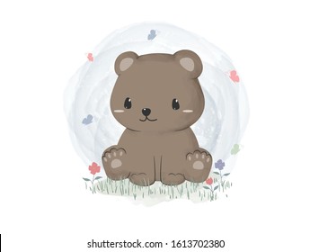 Cute adorable little teddy bear sitting on grass with butterflies cartoon doodle pastel background wallpaper. can use for nursery or print on product. vector eps10