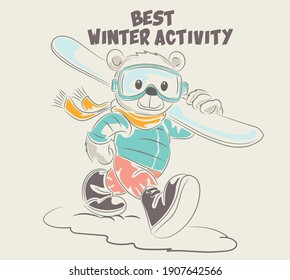 Cute adorable little teddy bear cartoon doodle. Ski bear vector illustration. Cute cartoon Bear with skis on a white background