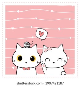 Cute adorable little white cat kitty lover greeting cartoon doodle valentine card on pink pastel background wallpaper, can use for nursery or print on product