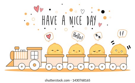 Cute adorable little yellow chicken riding train to travel cartoon doodle on white background wallpaper