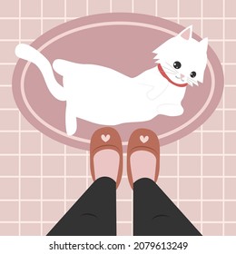 cute adorable lovely white cat lying on a mat funny vector illustration