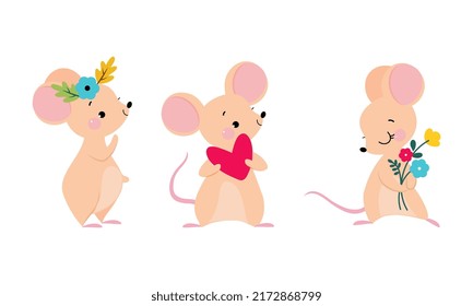 Cute adorable mice in different actions set. Lovely mouse with spring flowers and heart cartoon vector illustration