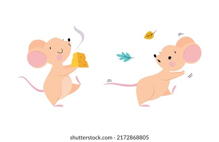 Cute adorable mice in different actions set. Funny mouse running and enjoying of eating cheese cartoon vector illustration