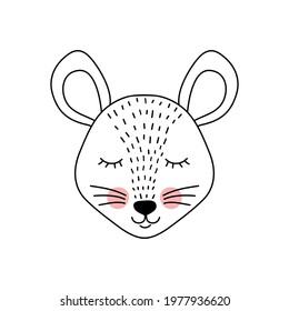 Cute adorable mouse in doodle style on white background.