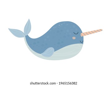 Cute adorable narwhal, baby animal with horn smiling in cartoon style isolated on white background. Cheerful aquatic character stock vector illustration.