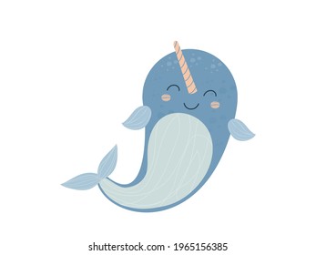 Cute adorable narwhal, baby animal with horn smiling in cartoon style isolated on white background. Cheerful aquatic character stock vector illustration.