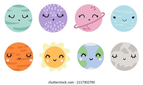 Cute adorable nursery vector planet set with adorable emotion faces. Smiling multicolored galaxy.