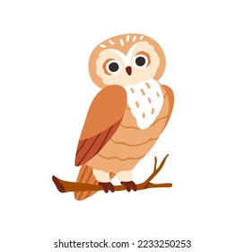 Cute adorable owl sitting on tree branch. Amusing pretty feathered bird on twig. Lovely sweet owlet. Charming nice funny birdie. Flat vector illustration isolated on white background