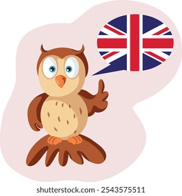 
Cute Adorable Owl Vector Character Speaking English Language. Smart bird studying a foreign language at school
