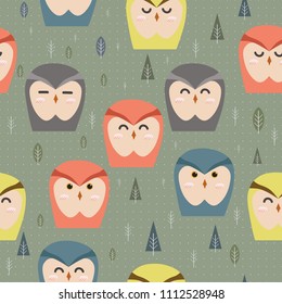 Cute adorable owls cartoon seamless pattern background wallpaper vector eps10