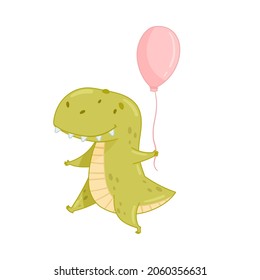 Cute adorable Pachicephalosaurus animal with pink balloon. Lovely dino for nursery, t-shirt, book, print, poster design cartoon vector illustration