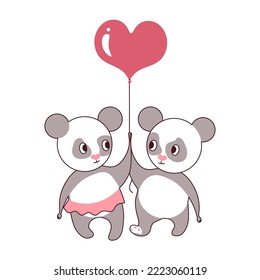 Cute Adorable pair of pandas in love. Friends bears Cartoon Doodle isolated on white Background for valentines day, wedding or love card. Flat Art Vector Illustration