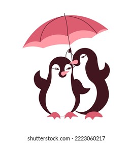 Cute Adorable pair of penguins in love. Friends birds Cartoon Doodle isolated on white Background for valentines day, wedding or love card. Flat Art Vector Illustration