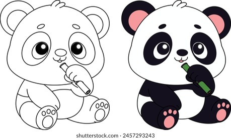 Cute adorable panda munching the bamboo cartoon character coloring page vector illustration. 