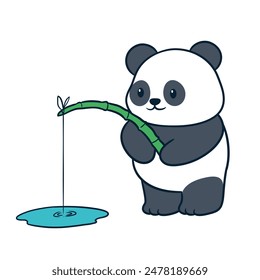 Cute adorable panda playing with his bamboo, Vector illustration of adorable panda